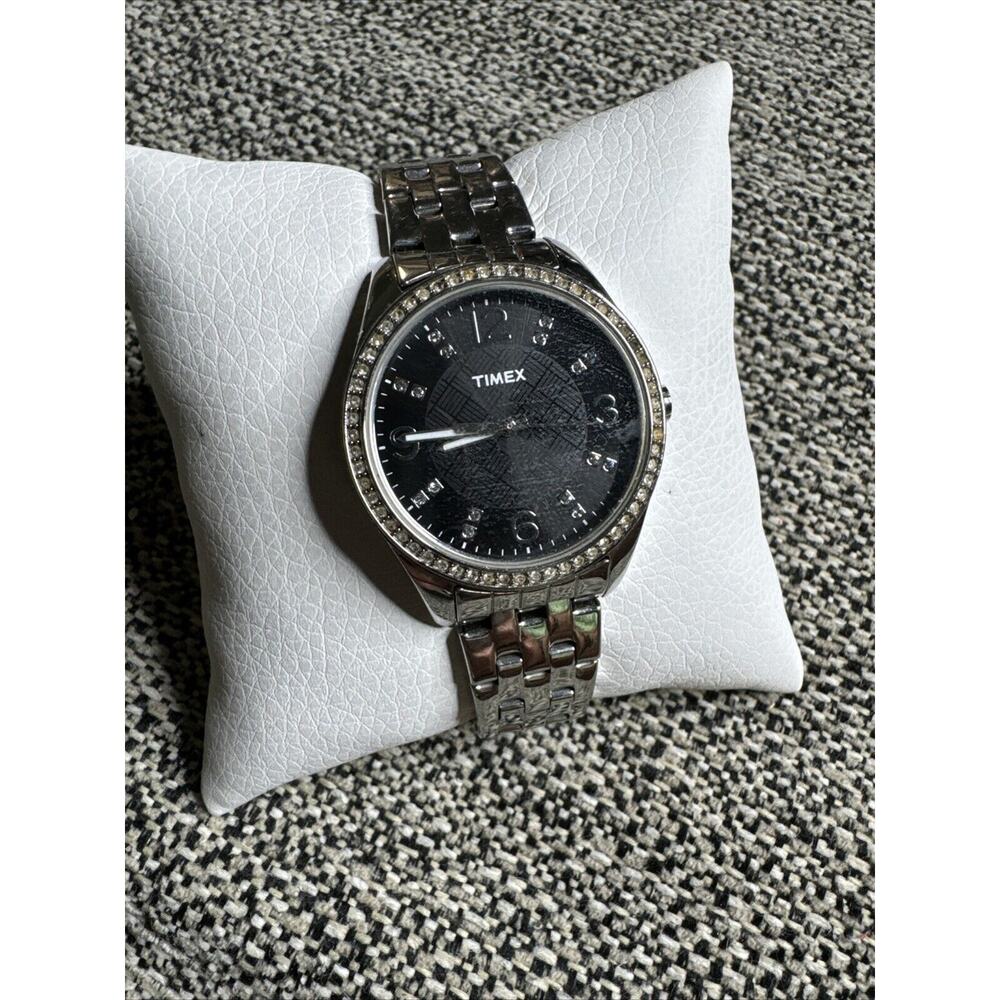 Timex Womens Watch Quartz Analog Black Dial Gem Set Bezel Silver Tone Case Band